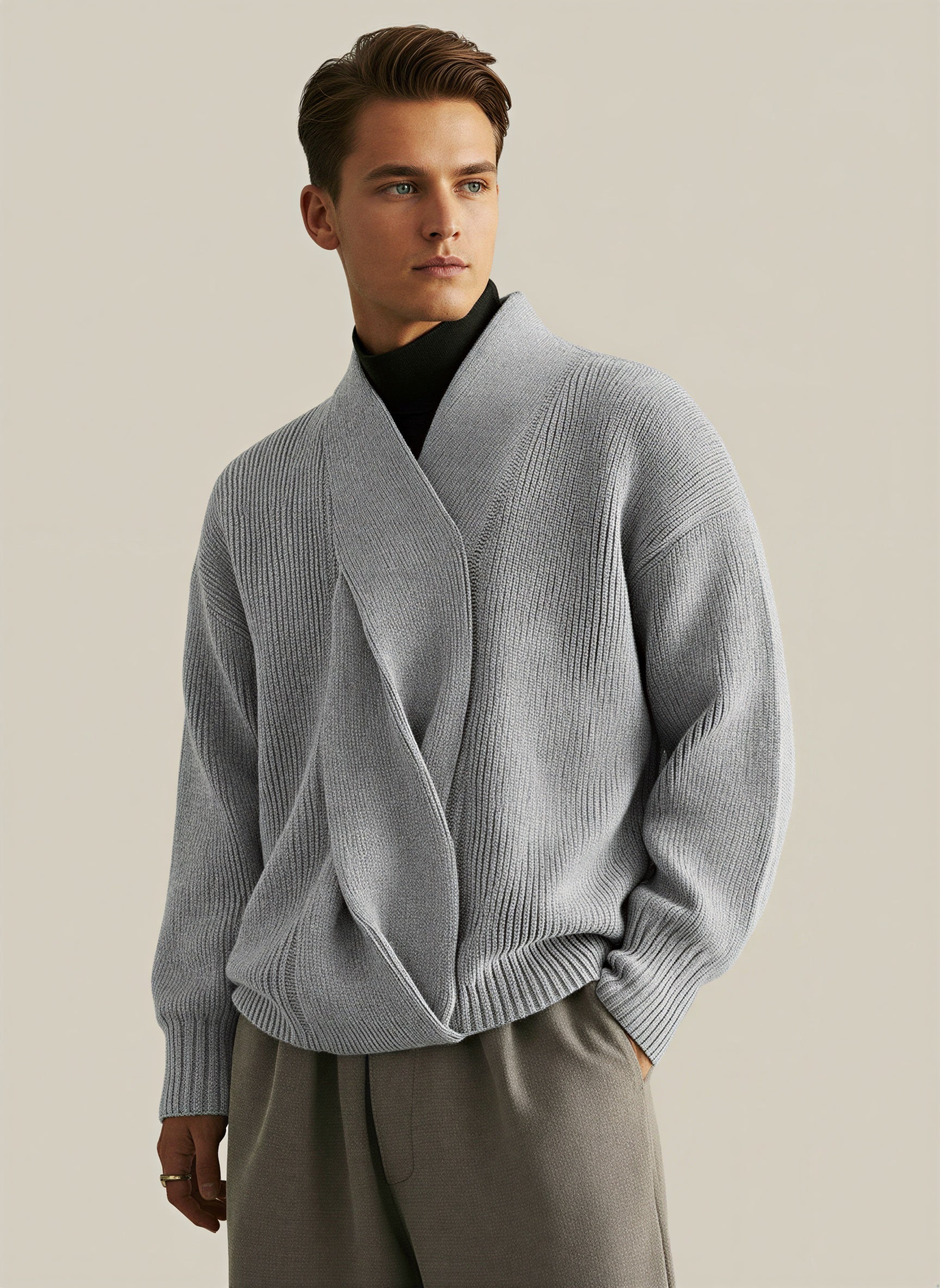 Voss | Men's Shawl Collar Sweater Gray Ribbed Knit