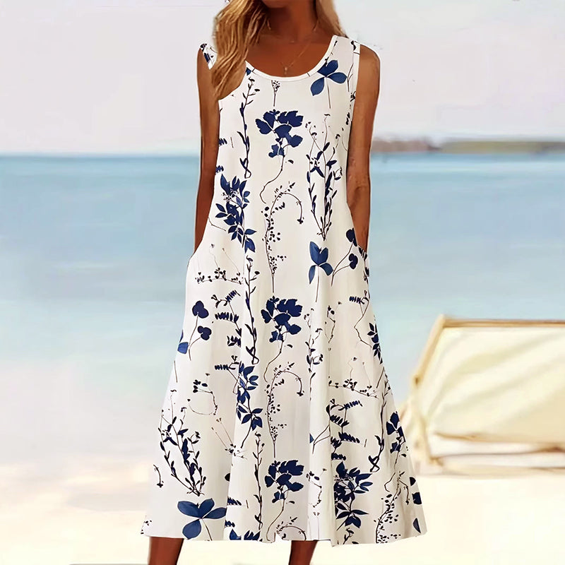 Esme | Women's Floral Midi Dress Sleeveless Cream Navy