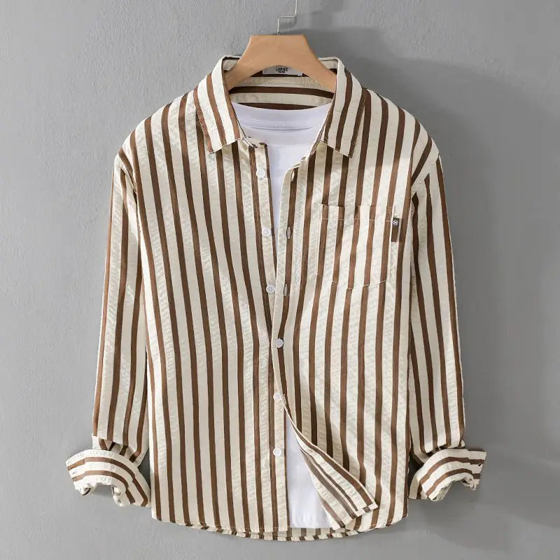 Axel | Men's Striped Button Up Shirt Cream Brown Long Sleeve