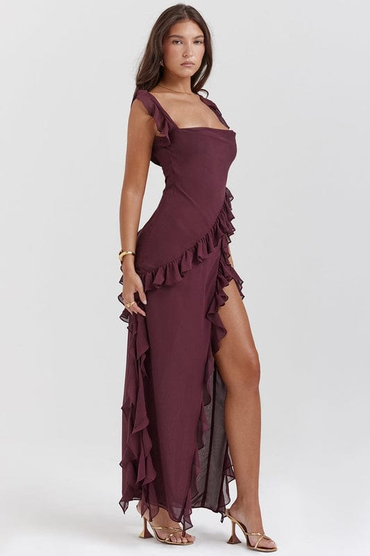 Elise | Women's Ruffle Maxi Dress Burgundy Off Shoulder
