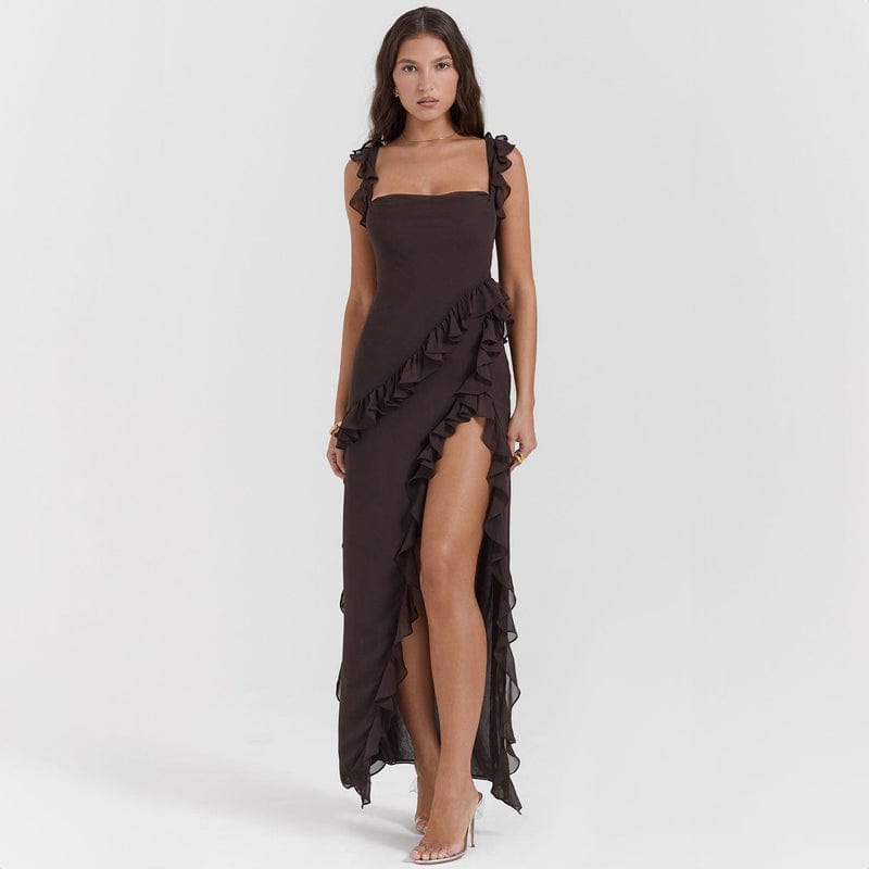 Elise | Women's Ruffle Maxi Dress Burgundy Off Shoulder