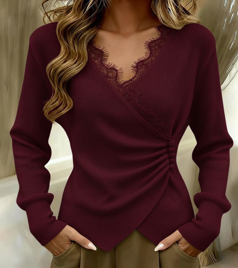 Vera | Women's Wrap Long Sleeve Blouse Black Lace V Neck