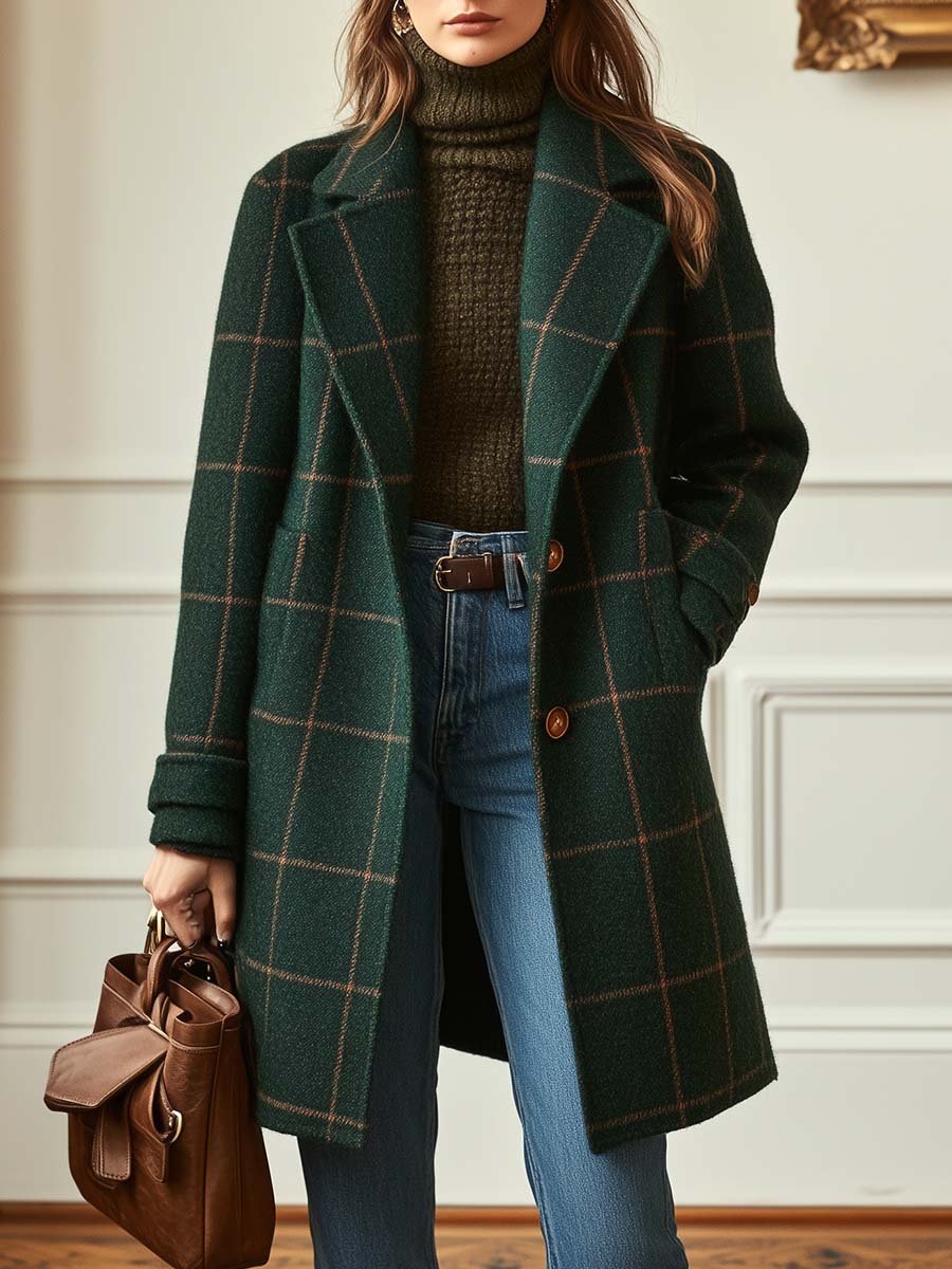 Greta | Women's Plaid Wool Jacket Green Brown Button Front