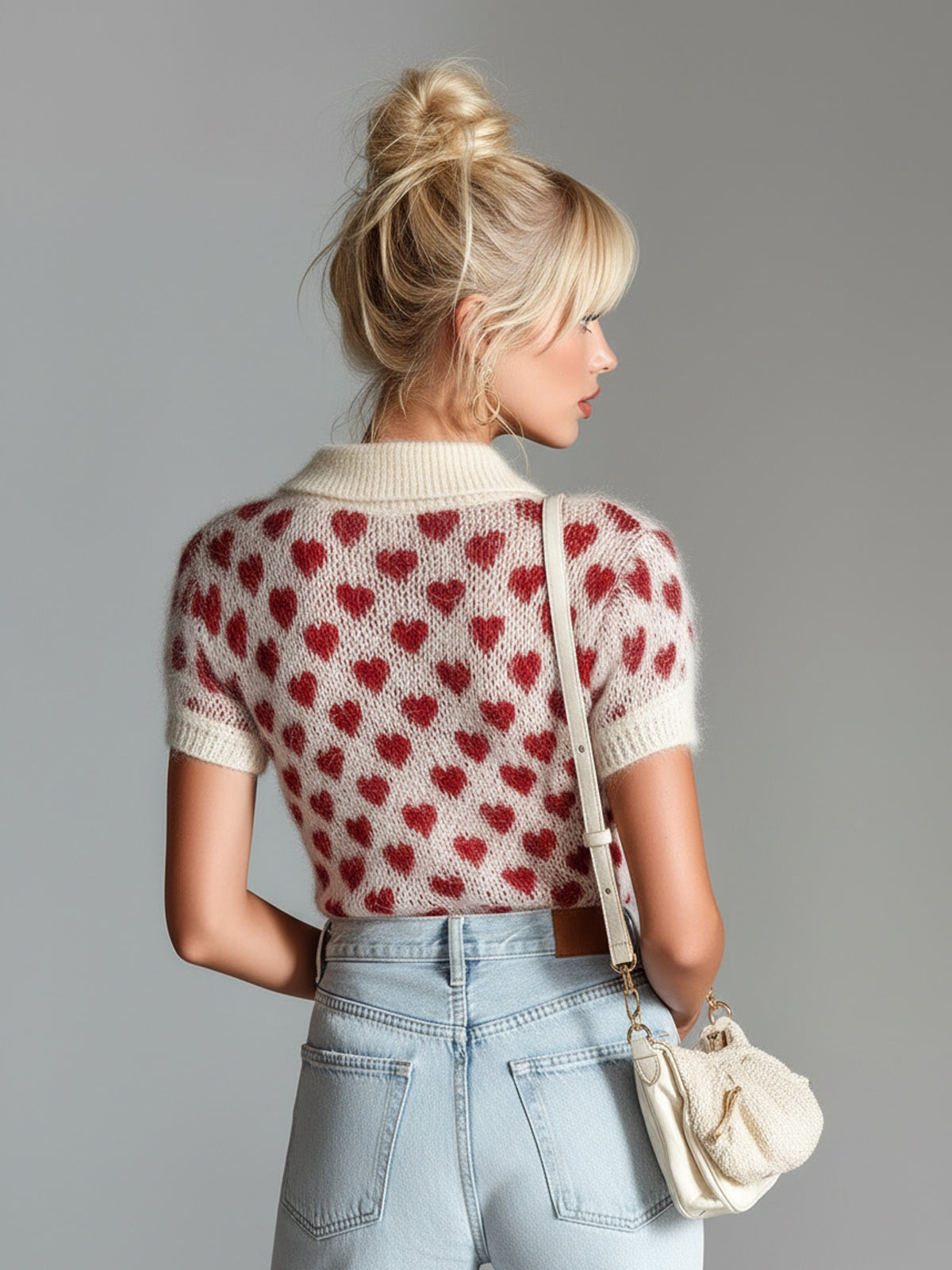 Vera | Women's Heart Print Knit Top Cream Red