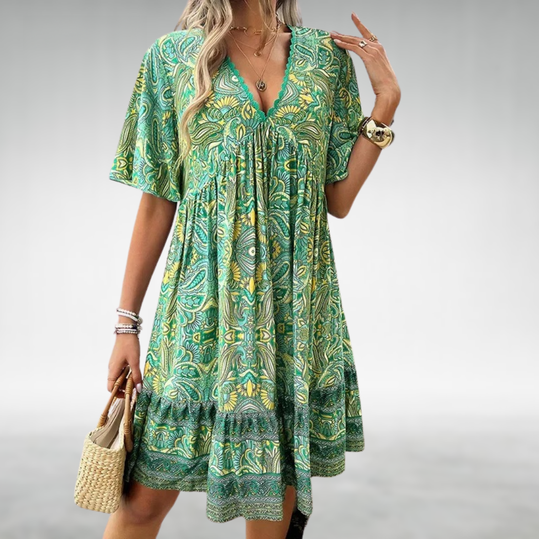 Luisa | Women's Boho Floral Midi Dress Green Yellow
