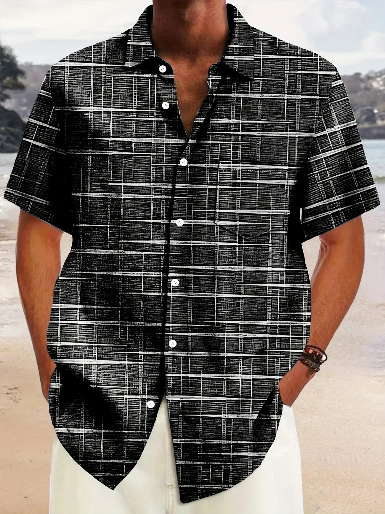 Axel | Men's Check Button Up Shirt Green White Short Sleeve