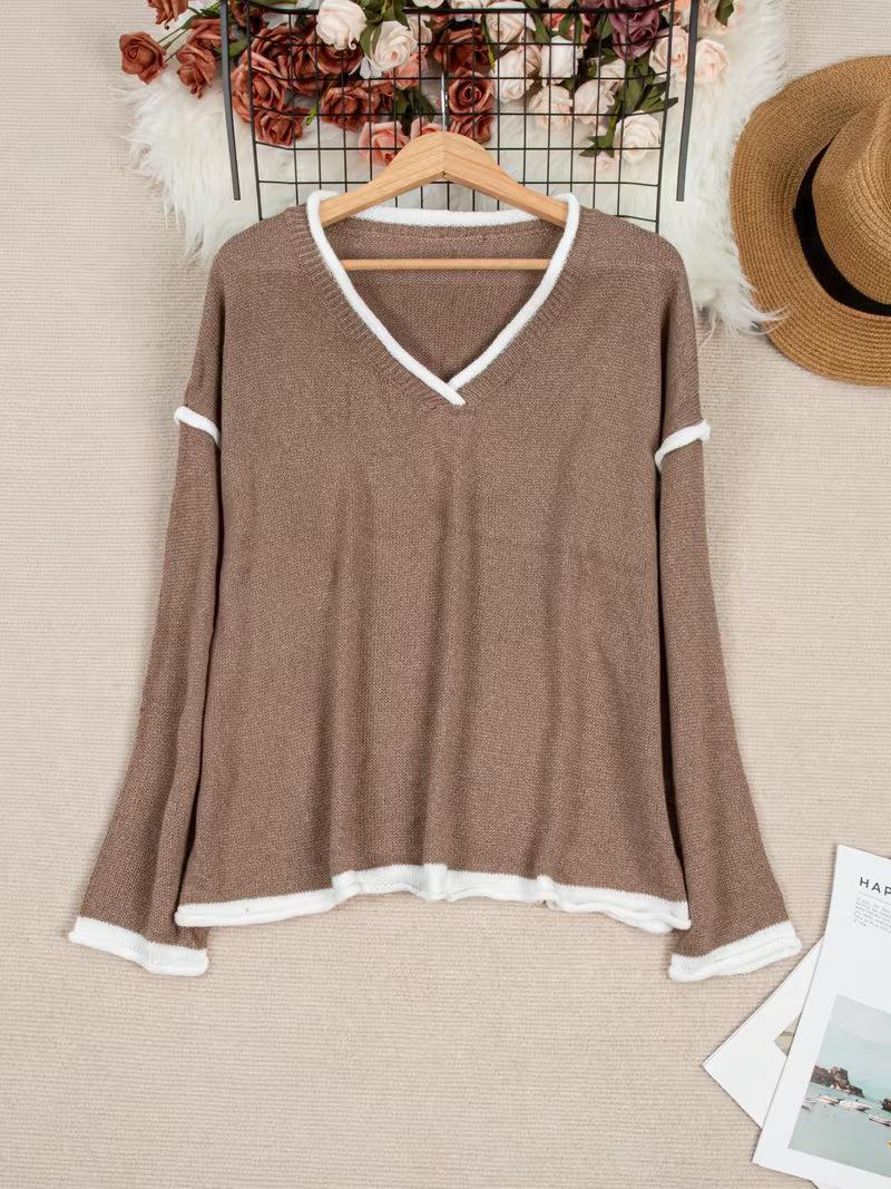 Greta | Women's V Neck Sweater Gray White Trim Oversized
