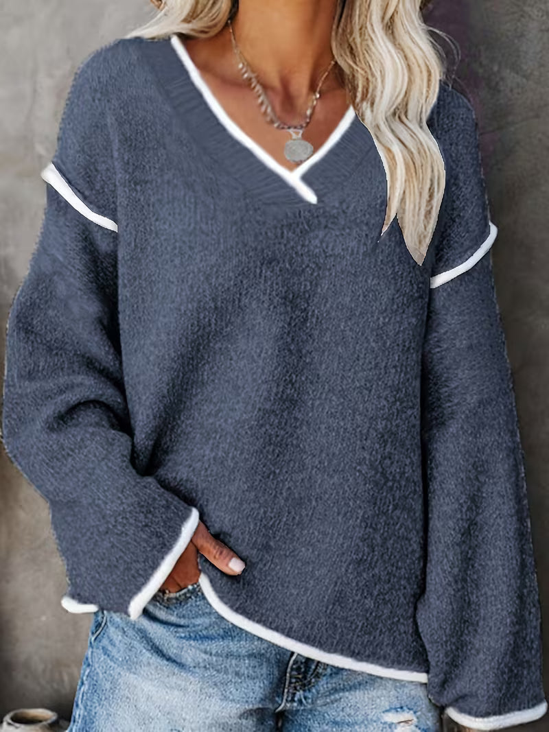 Greta | Women's V Neck Sweater Gray White Trim Oversized