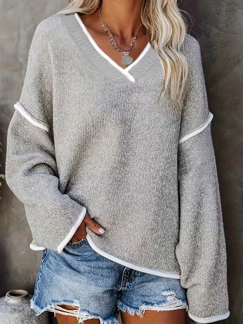 Greta | Women's V Neck Sweater Gray White Trim Oversized