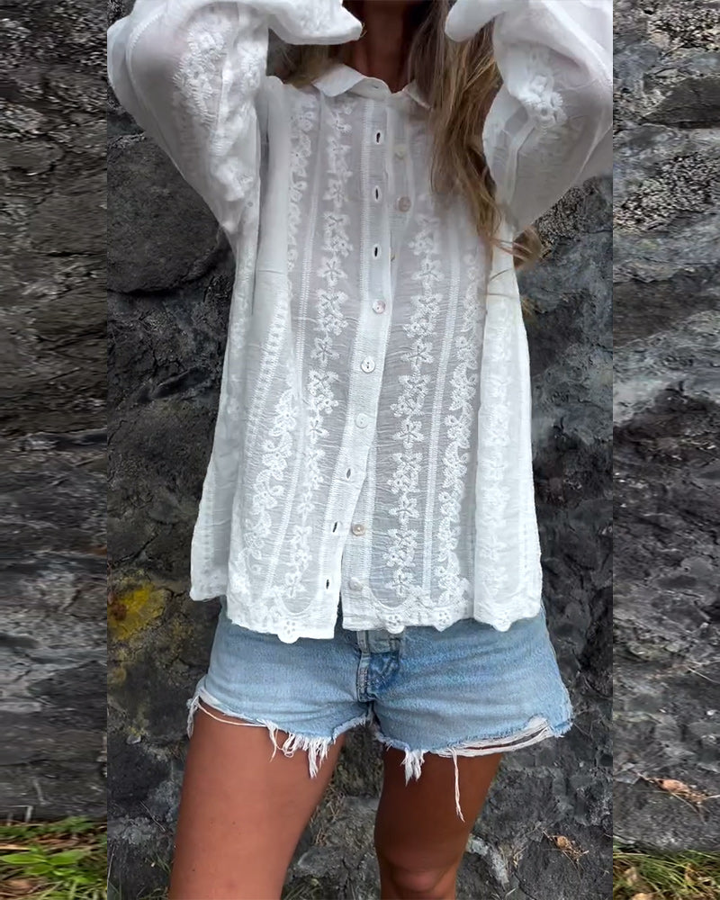 Demi | Women's Lace Button Down Shirt White Long Sleeve