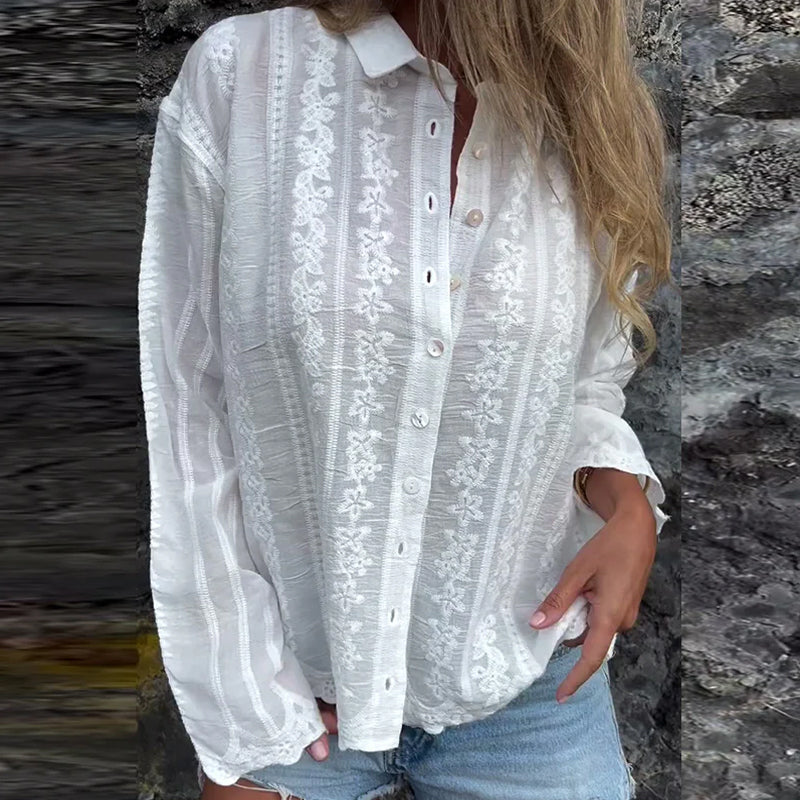 Demi | Women's Lace Button Down Shirt White Long Sleeve