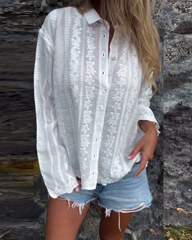 Demi | Women's Lace Button Down Shirt White Long Sleeve
