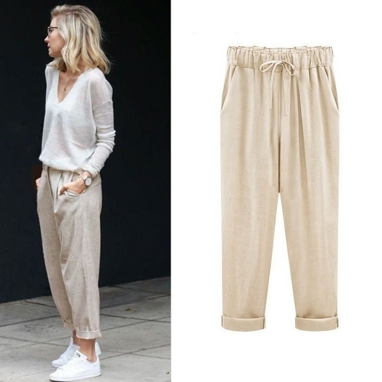 Aria | Women's Linen Pants Cream Drawstring Waist Cuffed