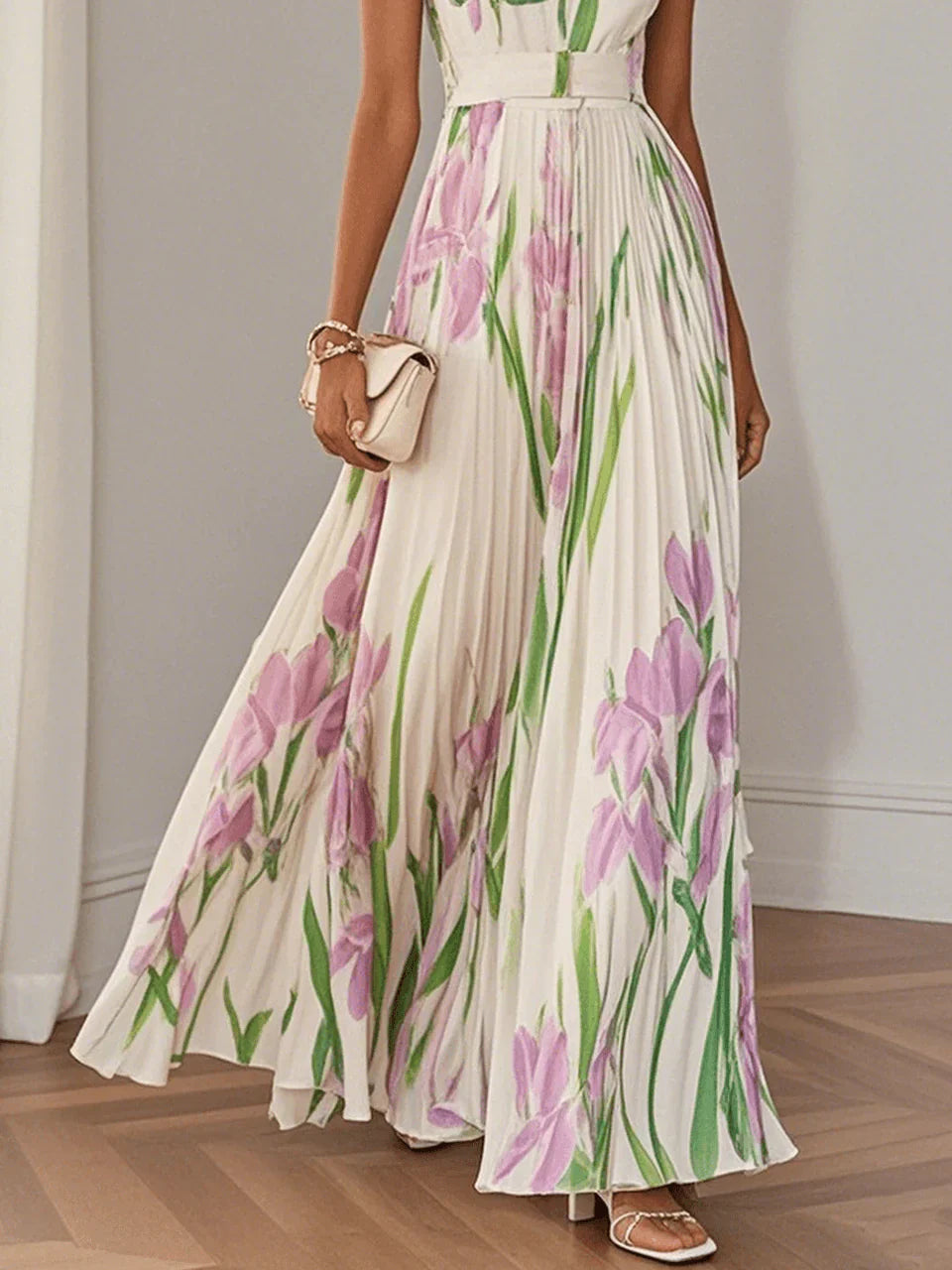 Ivy | Women's Floral Maxi Dress Cream Pleated Sleeveless