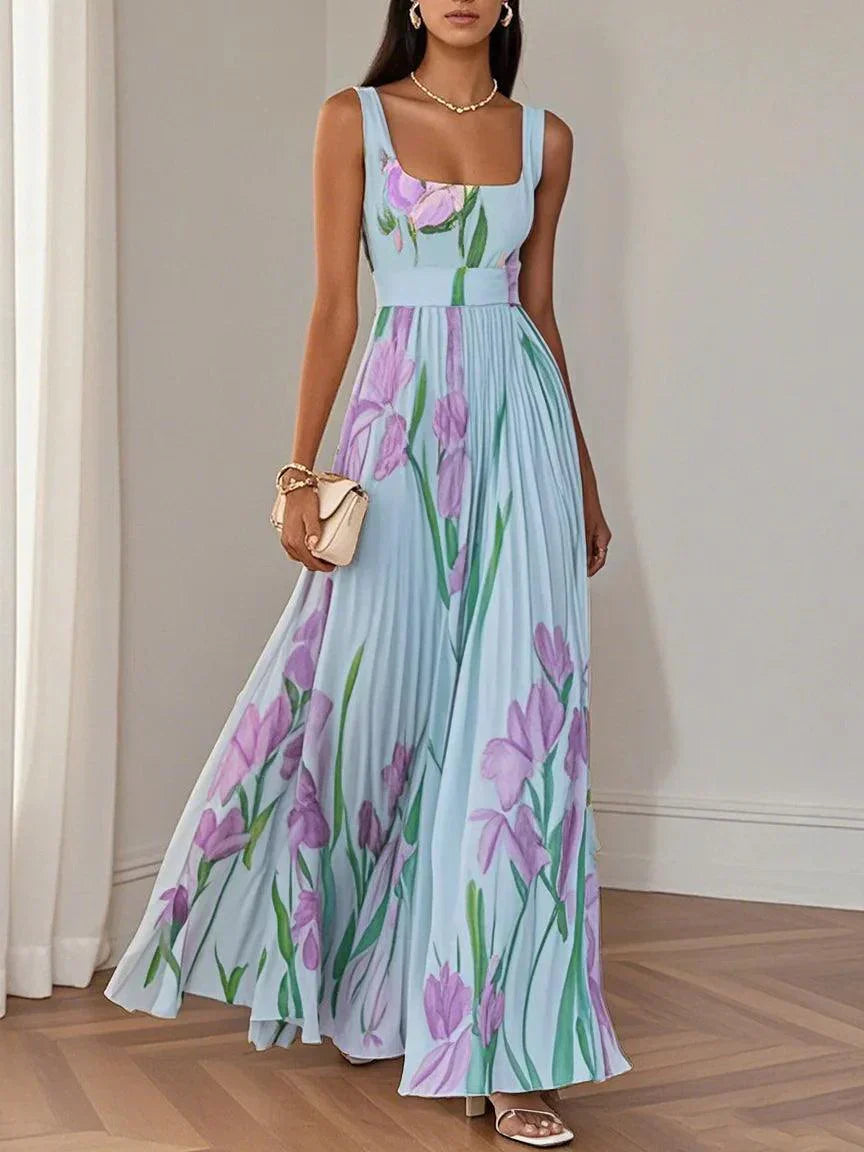 Ivy | Women's Floral Maxi Dress Cream Pleated Sleeveless