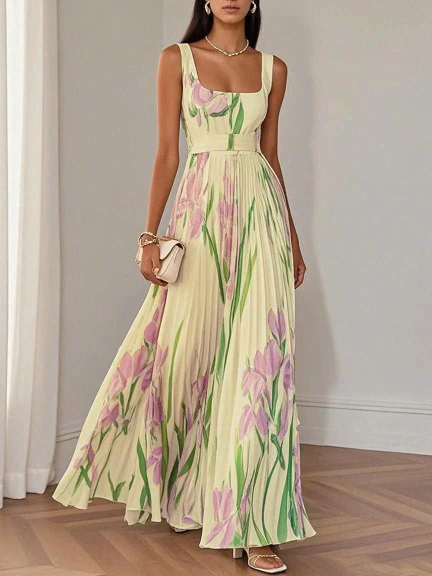 Ivy | Women's Floral Maxi Dress Cream Pleated Sleeveless