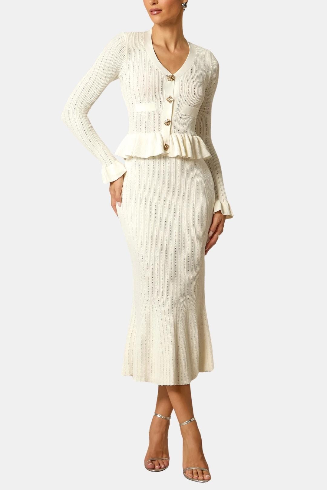 Rue | Women's Ribbed Knit Set Cream Peplum Waist