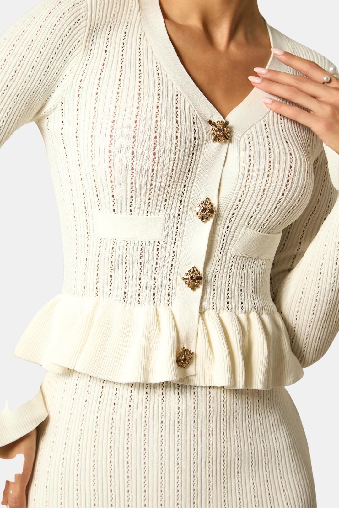 Rue | Women's Ribbed Knit Set Cream Peplum Waist