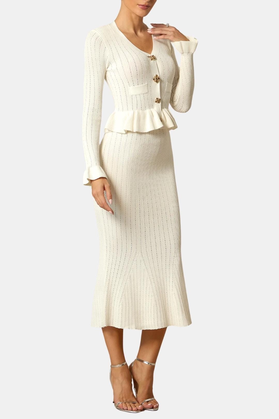 Rue | Women's Ribbed Knit Set Cream Peplum Waist