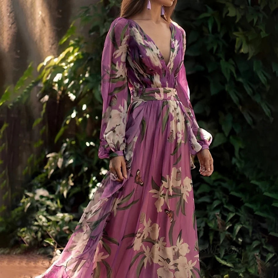Elise | Women's Floral Maxi Dress Long Sleeve Purple