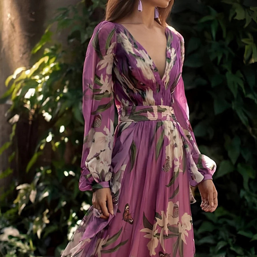 Elise | Women's Floral Maxi Dress Long Sleeve Purple