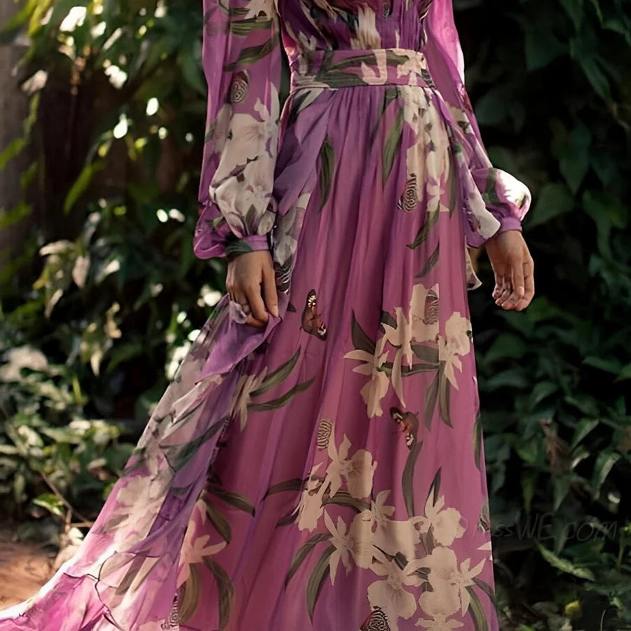 Elise | Women's Floral Maxi Dress Long Sleeve Purple