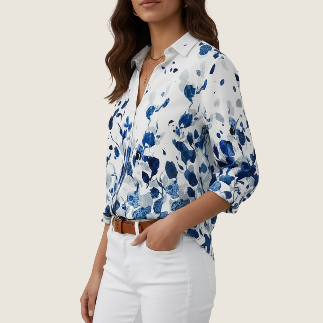 Nina | Women's Floral Button Down Shirt White Blue