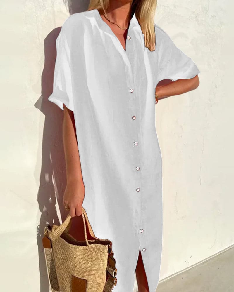Isla | Women's Linen Button Down Shirt Dress Red Short Sleeve