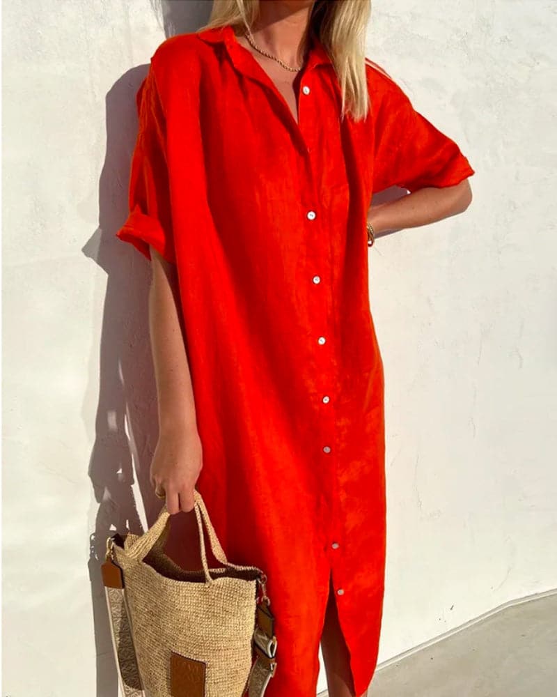 Isla | Women's Linen Button Down Shirt Dress Red Short Sleeve
