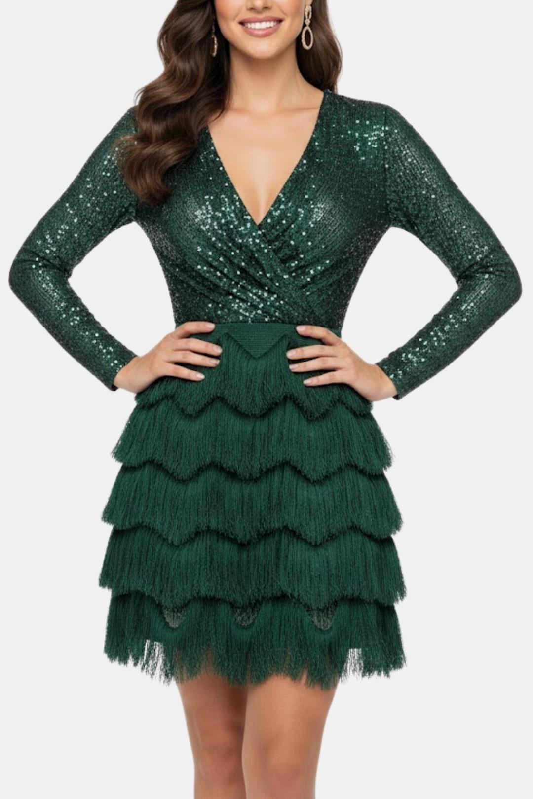 Faye | Women's Sequin Fringe Dress Black Long Sleeve