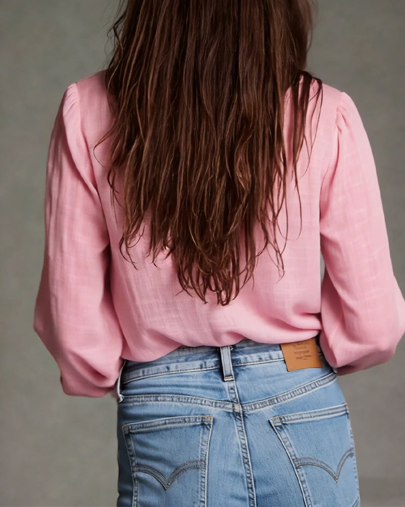 Luisa | Women's Ruffle Front Blouse Pink Long Sleeve V Neck