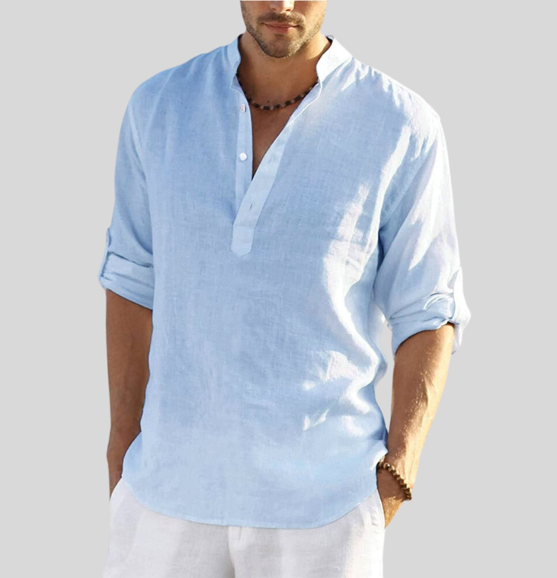 Bram | Men's Linen Shirt White Long Sleeve Henley