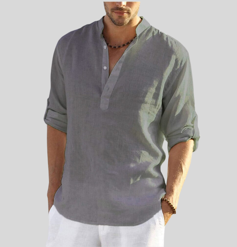 Bram | Men's Linen Shirt White Long Sleeve Henley