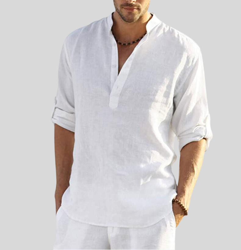 Bram | Men's Linen Shirt White Long Sleeve Henley