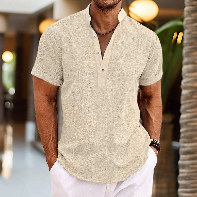 Axel | Men's Linen Henley Shirt Pink Short Sleeve