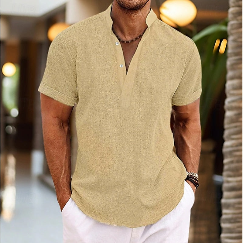 Axel | Men's Linen Henley Shirt Pink Short Sleeve