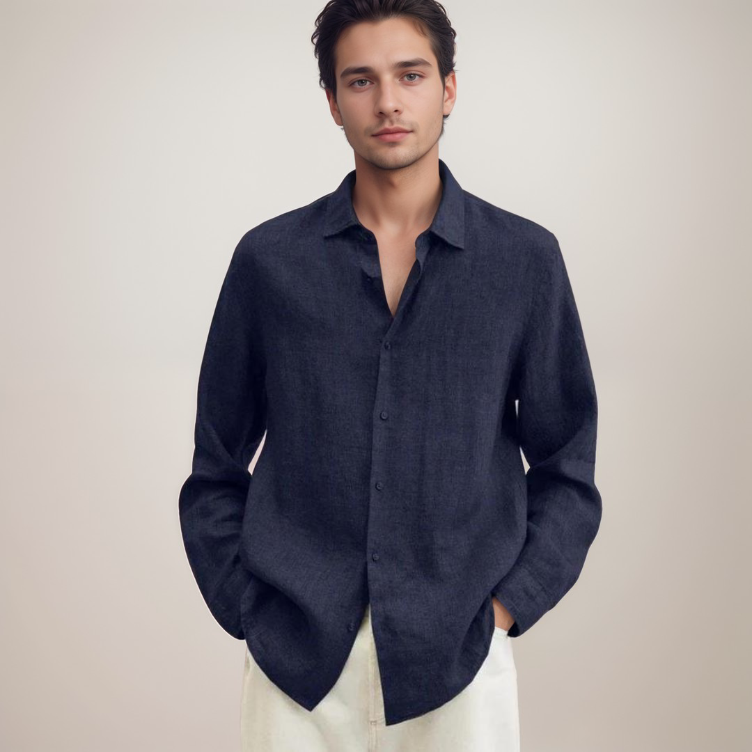 Arlo | Men's Linen Shirt Navy Long Sleeve Button Up