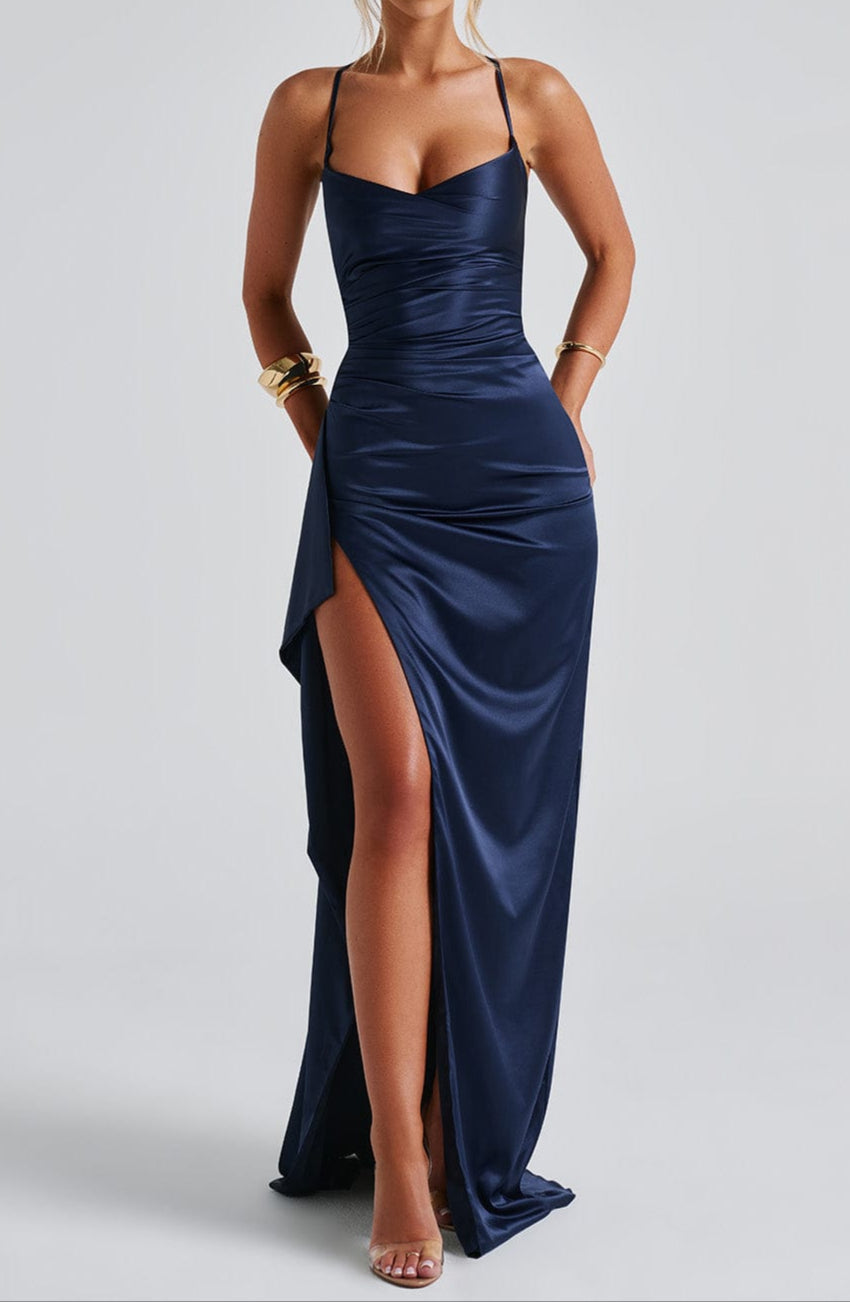 Aria | Women's Satin Wrap Maxi Dress Navy High Slit