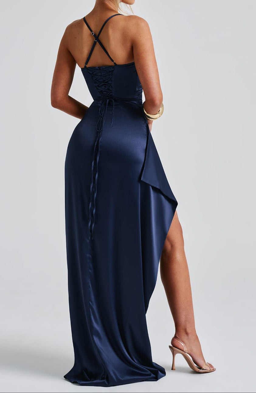 Aria | Women's Satin Wrap Maxi Dress Navy High Slit