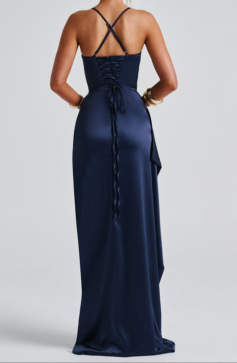 Aria | Women's Satin Wrap Maxi Dress Navy High Slit