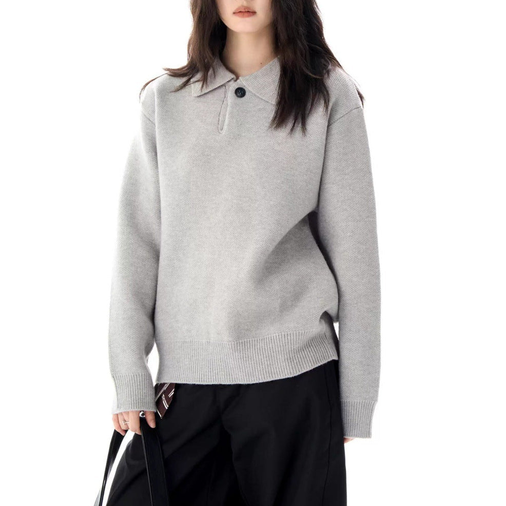 Faye | Women's Oversized Polo Sweater Gray Knit