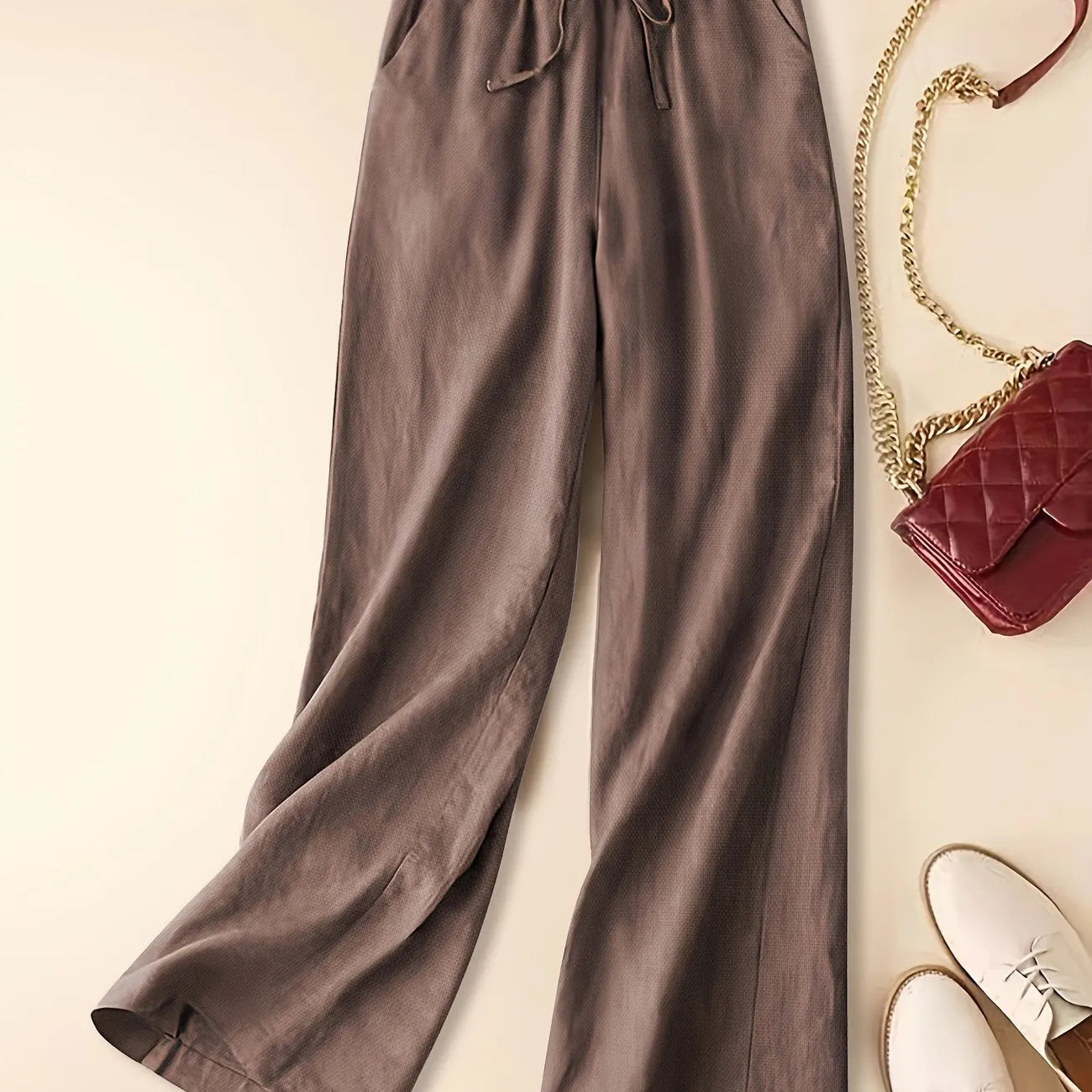 Nola | Women's Wide Leg Pants Brown Drawstring High Waisted