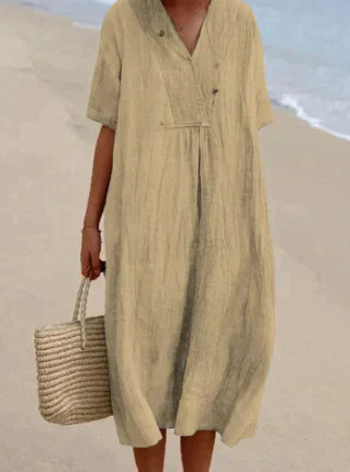 Esme | Women's Linen Midi Dress Light Blue V Neck