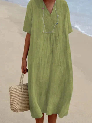 Esme | Women's Linen Midi Dress Light Blue V Neck