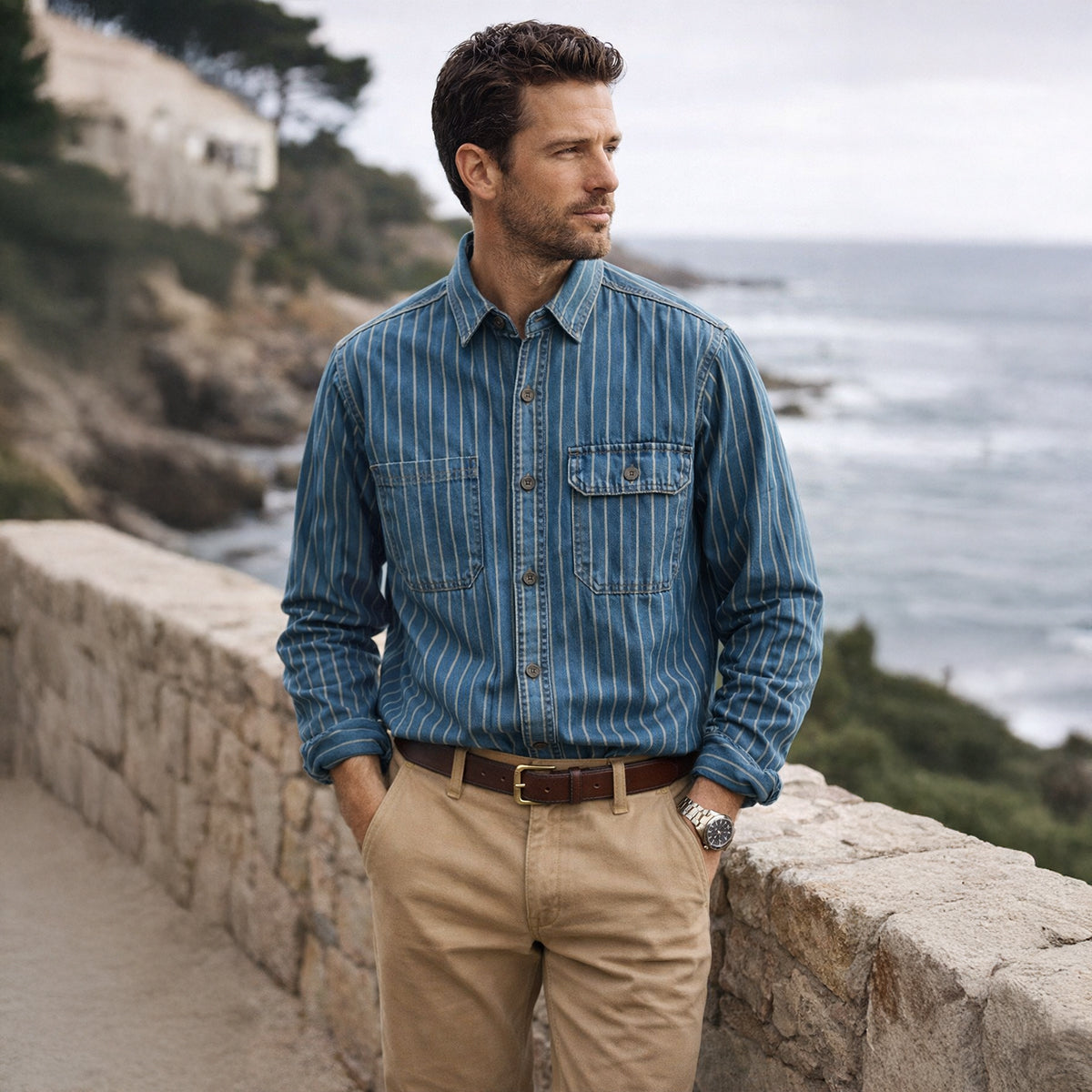 Axel | Men's Vintage Pinstripe Denim Shirt Blue Light Wash