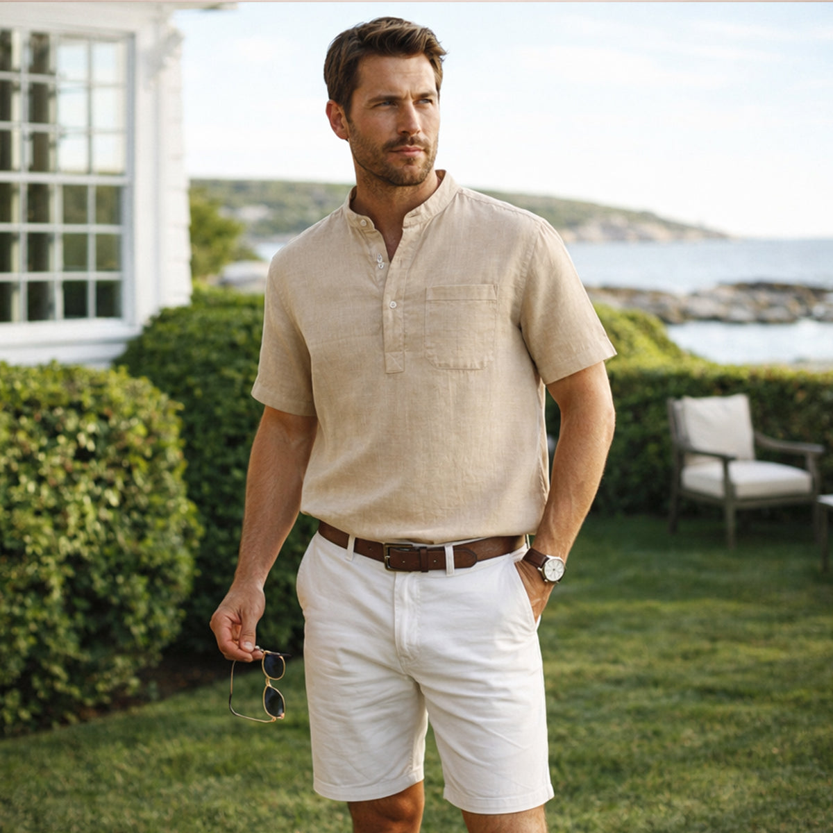 Rhys | Men's Casual Linen Henley Shirt Cream Short Sleeve
