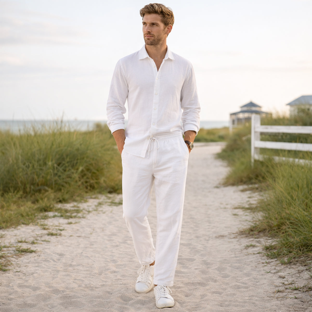 Kai | Men's Linen Lounge Set White Long Sleeve Shirt Pants