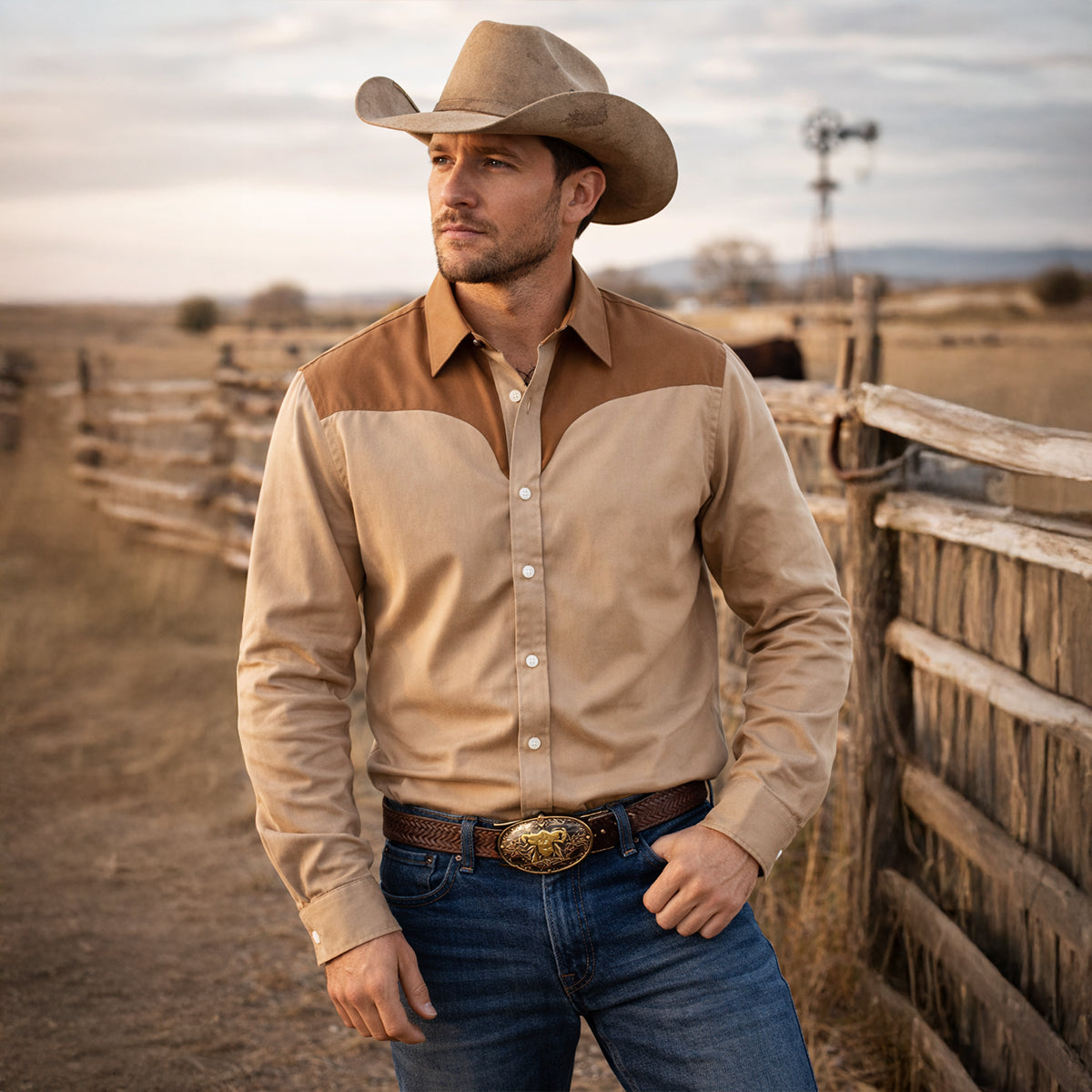 Roan | Men's Two Tone Block Button Up Shirt Cream Brown