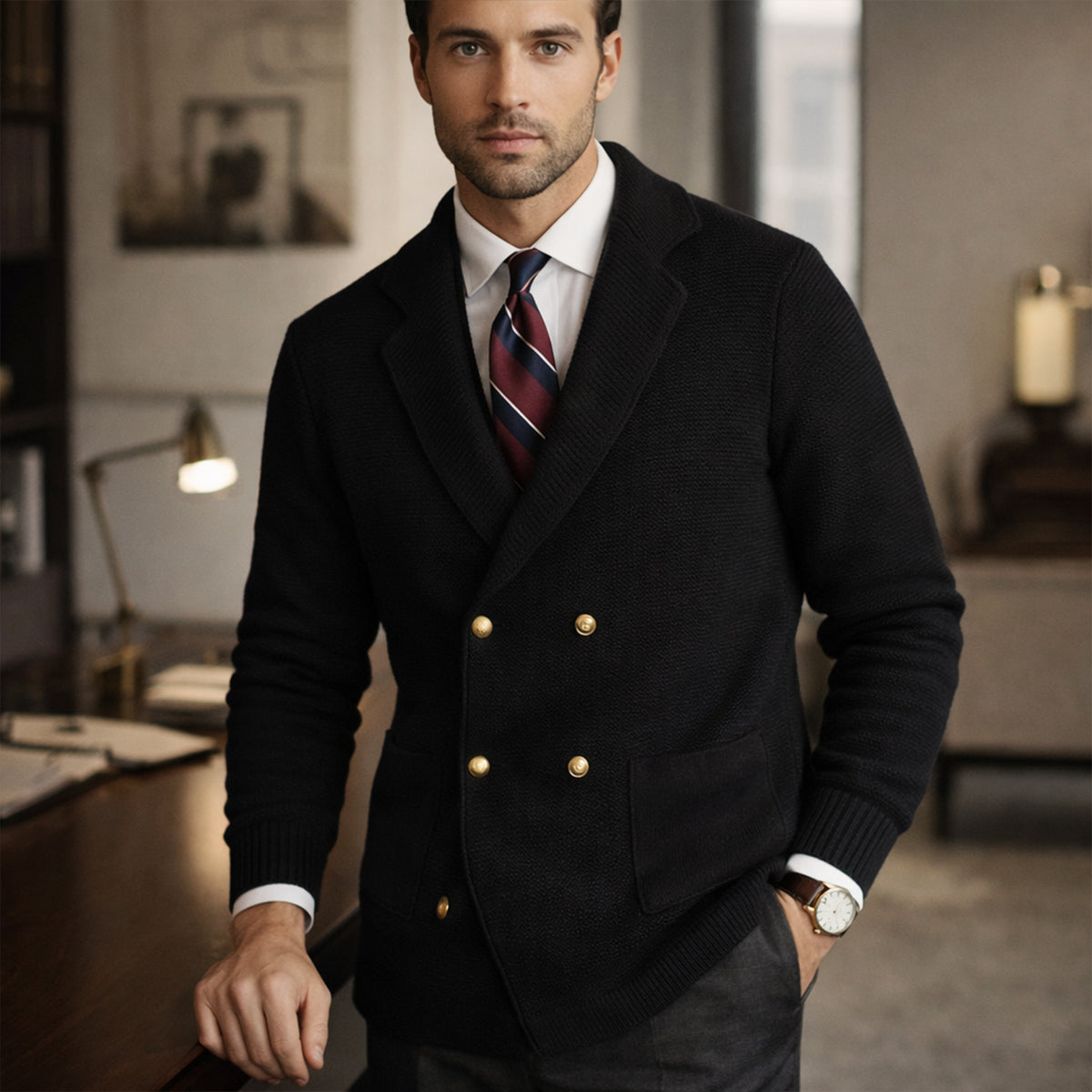 Beau | Men's Smart Casual Double Breasted Cardigan Black Knit
