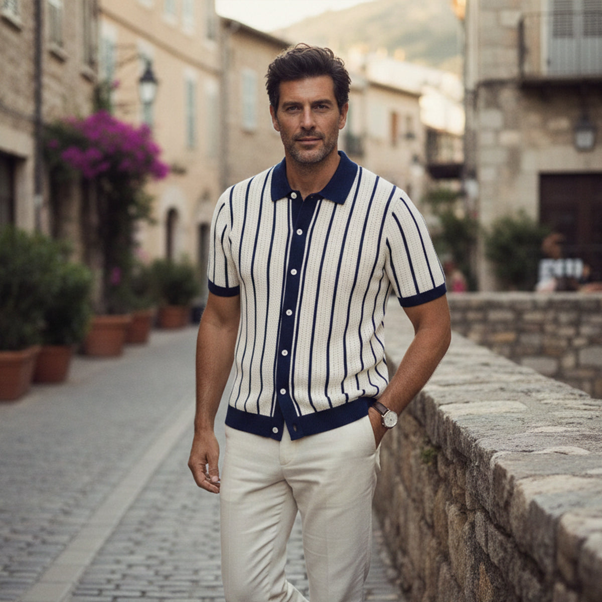 Bram | Men's Smart Casual Striped Knit Polo Shirt Cream Navy